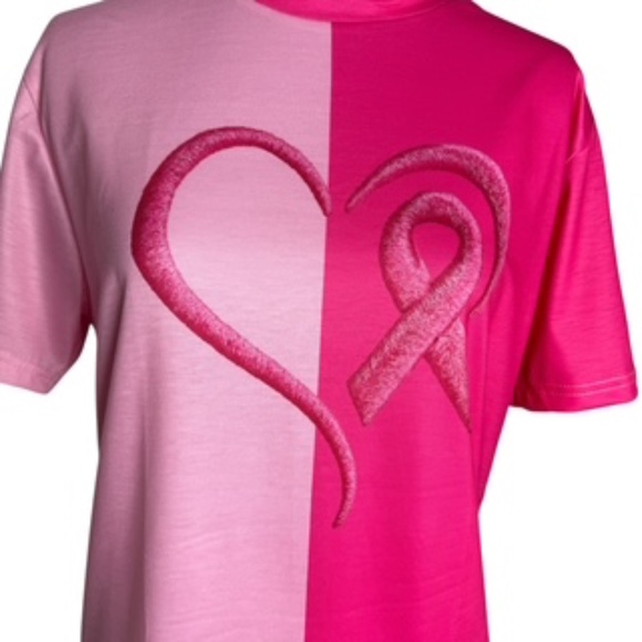 NWOT Cancer Awareness Embroidered Look Pink Crew Neck Tee-Shirt Size L - Picture 2 of 4